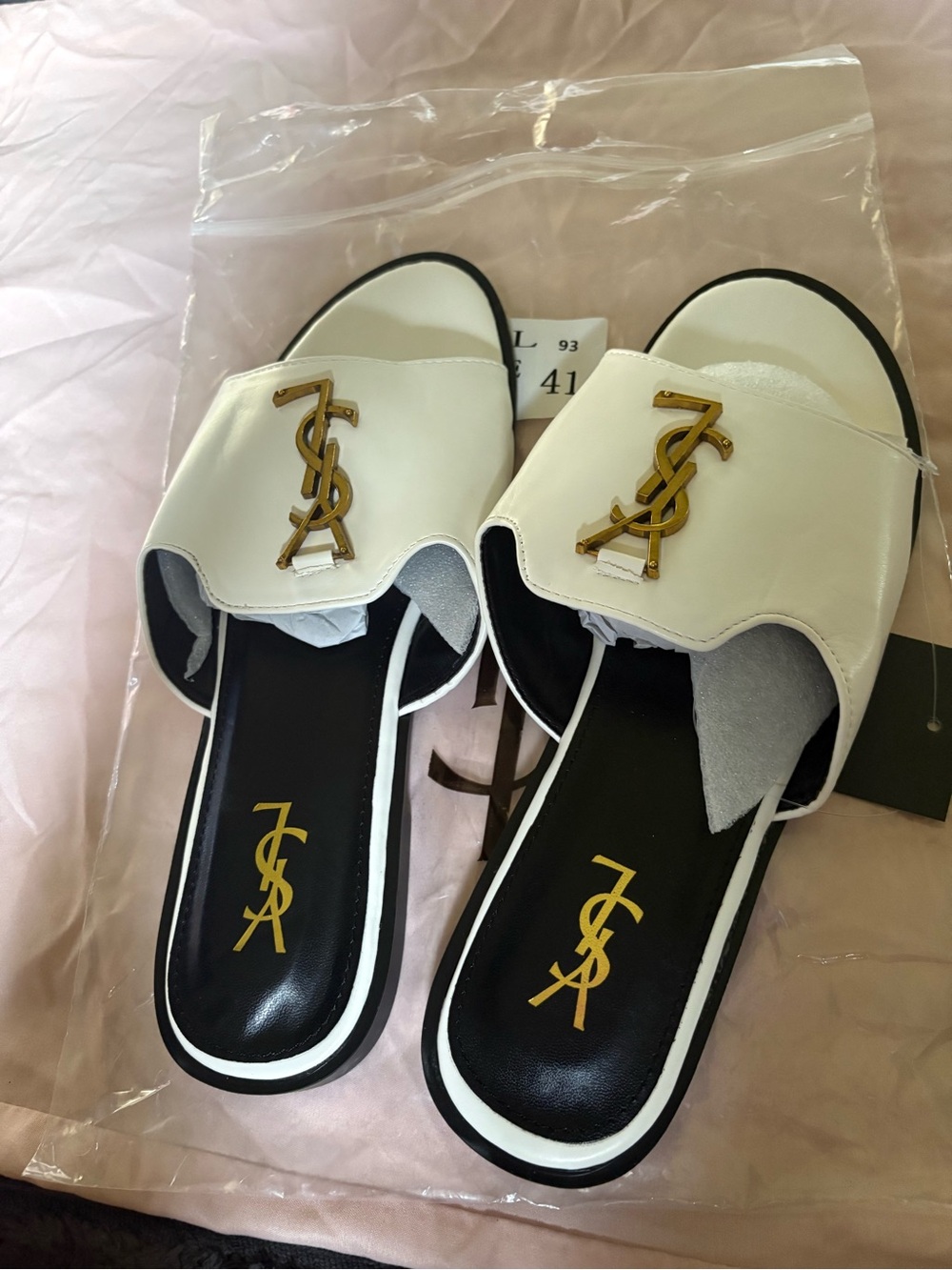 Saint Laurent White and Black Slide Sandals with Gold YSL Emblem